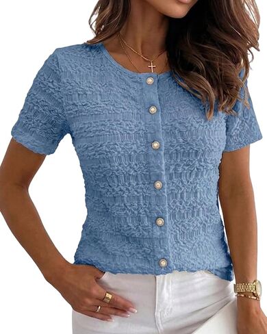 CHICME Womens Textured Short Sleeve Tops Round Neck Button Front Casual Blouse Elegant Easter Spring Break Vacation Shirts in Kuwait