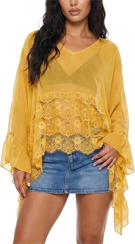 Women Sheer Mesh Floral Lace Shirt Boho Loose Fit Batwing Sleeve Blouse Fairy Flowy Ruffled Poncho Top Streetwear in Saudi Arabia