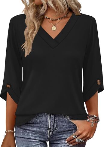 ملابس علوية نسائية بأكمام 3/4 من OFEEFAN بلوزات غير رسمية أنيقة ورقبة على شكل حرف V تي شيرت صيفي ملابس ربيعية فضفاضة تناسب in Saudi Arabia
