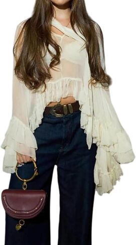 Women Long Sleeve Elegant Sheer Blouse Halter Neck Ruffled Shirt Fashion Casual Tops for Women Outerwear in Saudi Arabia