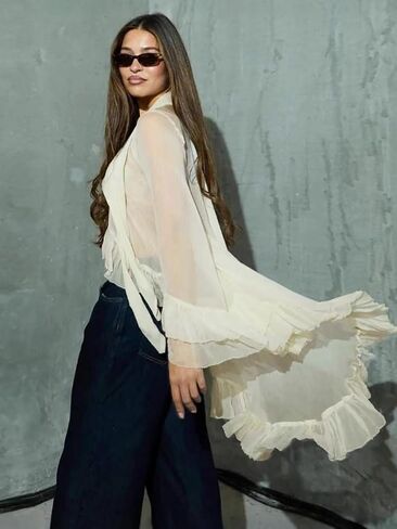 Women Long Sleeve Elegant Sheer Blouse Halter Neck Ruffled Shirt Fashion Casual Tops for Women Outerwear in Saudi Arabia