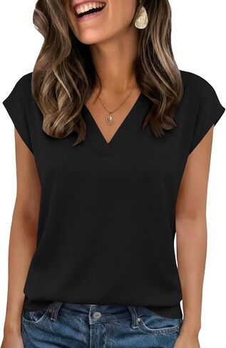 Rapbin Womens V Neck Tops Short Sleeve Cap Sleeve Blouses Dressy Casual Basic Tees Summer Spring Outfits in Saudi Arabia