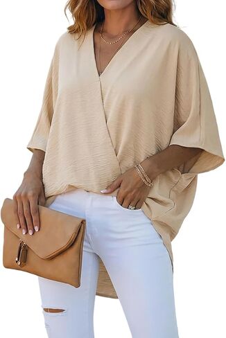 CHICME Women's Summer Tops Overlap V Neck Batwing Sleeve High-Low Hem Blouse Casual Ruched Loose Fit Minimalist Top in Kuwait