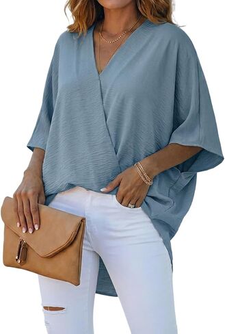 CHICME Women's Summer Tops Overlap V Neck Batwing Sleeve High-Low Hem Blouse Casual Ruched Loose Fit Minimalist Top in Kuwait