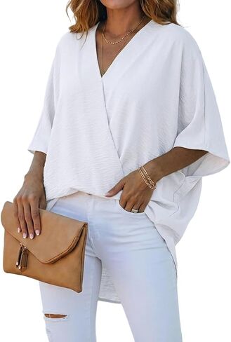 CHICME Women's Summer Tops Overlap V Neck Batwing Sleeve High-Low Hem Blouse Casual Ruched Loose Fit Minimalist Top in Kuwait