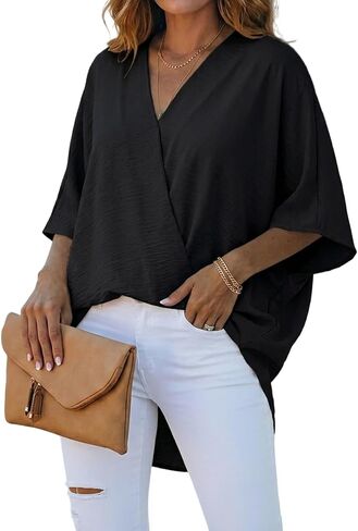 CHICME Women's Summer Tops Overlap V Neck Batwing Sleeve High-Low Hem Blouse Casual Ruched Loose Fit Minimalist Top in Kuwait