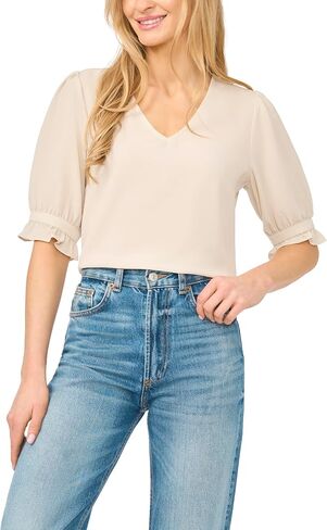 CeCe Women's Ruffle Cuff Elbow Sleeve V-Neck Blouse in Kuwait
