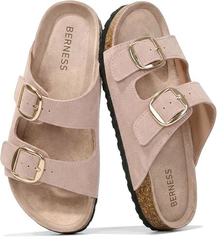 BERNESS Women’s Cork Footbed Sandals, Open Toe Casual Summer Slides | Adjustable Buckle Straps,Two Strap Comfort Slides, Arch Support for Walking, Beach, Vacation in Saudi Arabia