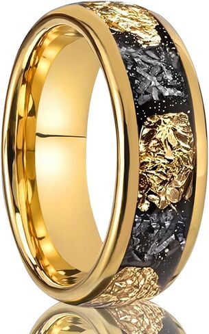 Gold Tungsten Carbide Ring for Men Women 8mm Hammered Inlaid with Gold foil and Meteorite Men's Wedding Bands Stylish and Luxurious in Saudi Arabia