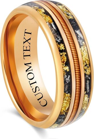 Custom Engraved Men's Wedding Ring Rose Gold Tungsten Guitar String, Meteorite & Gold Leaf Foil Inlay, Personalized Wooden Ring Box - 8mm Comfort Fit in Saudi Arabia
