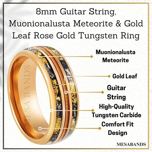 Custom Engraved Men's Wedding Ring Rose Gold Tungsten Guitar String, Meteorite & Gold Leaf Foil Inlay, Personalized Wooden Ring Box - 8mm Comfort Fit in Saudi Arabia