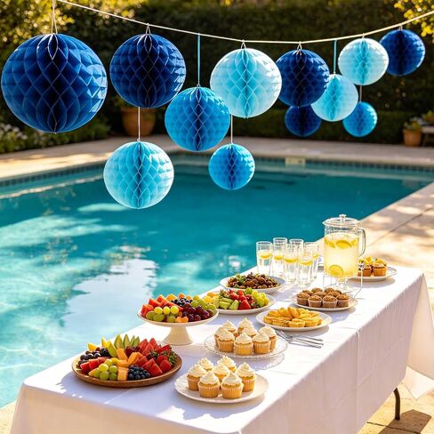 Blue Paper Honeycomb Flower Balls for Birthday Wedding Home Decor(12pcs 6 Inch & 10 Inch) in Kuwait
