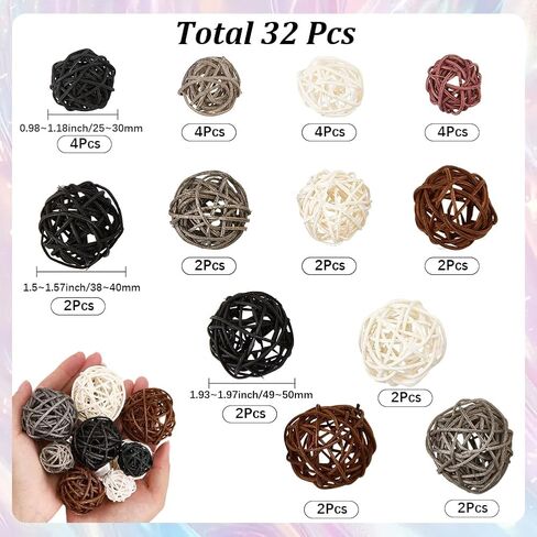 SUNNYCLUE 12 Style 32Pcs Rattan Wicker Balls Rattan Decorative Balls Round Black White Brown Centerpiece Table Decoration Ornaments Crafts for Home Decor Wedding Party DIY Crafts Bowl Vase Fillers in Kuwait