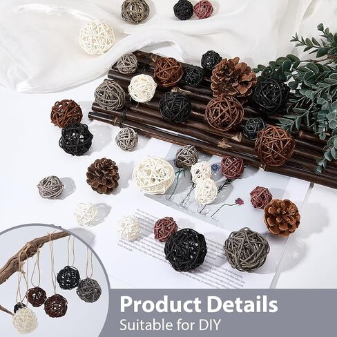 SUNNYCLUE 12 Style 32Pcs Rattan Wicker Balls Rattan Decorative Balls Round Black White Brown Centerpiece Table Decoration Ornaments Crafts for Home Decor Wedding Party DIY Crafts Bowl Vase Fillers in Kuwait