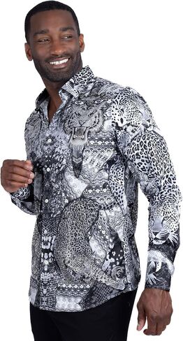 Barabas Men's Rhinestones Tiger Cheetah Long Sleeve Shirts 5SPR01 Blue Large in Saudi Arabia