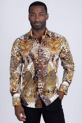 Barabas Men's Rhinestones Tiger Cheetah Long Sleeve Shirts 5SPR01 Blue Large in Saudi Arabia