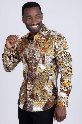 Barabas Men's Rhinestones Tiger Cheetah Long Sleeve Shirts 5SPR01 Blue Large in Saudi Arabia