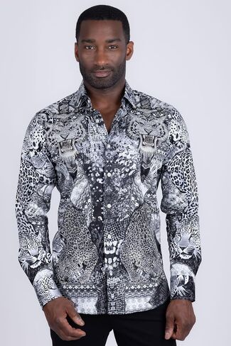 Barabas Men's Rhinestones Tiger Cheetah Long Sleeve Shirts 5SPR01 Blue Large in Saudi Arabia