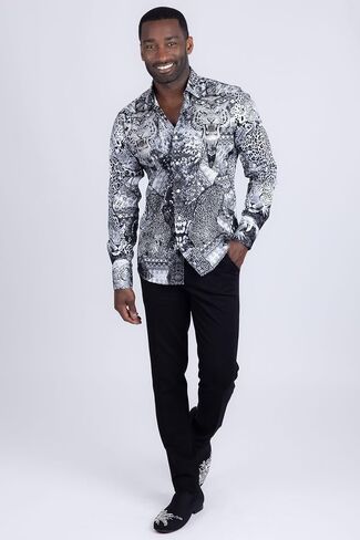 Barabas Men's Rhinestones Tiger Cheetah Long Sleeve Shirts 5SPR01 Blue Large in Saudi Arabia