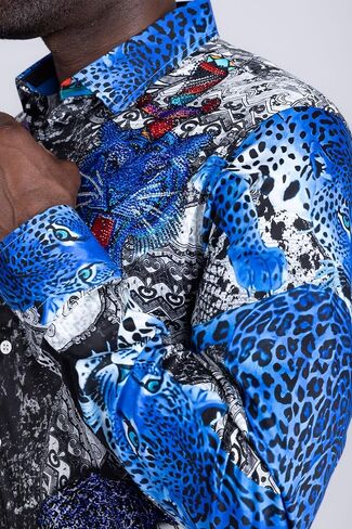 Barabas Men's Rhinestones Tiger Cheetah Long Sleeve Shirts 5SPR01 Blue Large in Saudi Arabia