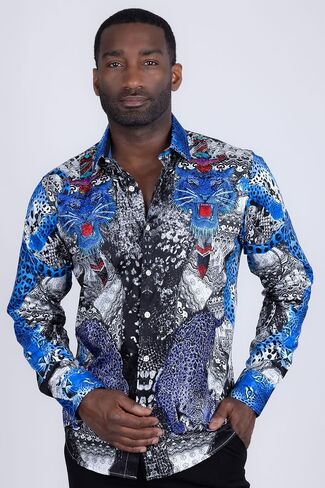 Barabas Men's Rhinestones Tiger Cheetah Long Sleeve Shirts 5SPR01 Blue Large in Saudi Arabia