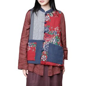 Women's Cotton Linen Quilted Vest Retro Floral Patchwork Padded Waistcoat with Stand Collar Handmade Frog Buttons in Saudi Arabia