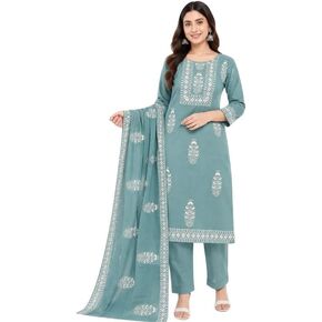 Women Pure Cotton Printed Kurta Pant Dupatta Set | Ethnic Straight Kurti Suit Set in Saudi Arabia