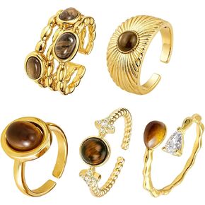 5 Pcs Faux Tigers Eye Ring For Women, Vintage Gold-Tone Artificial Gemstone Rings, Open Adjustable Boho Statement Ring Set in Saudi Arabia
