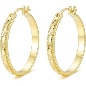 14k Yellow Gold Hoop Earrings for Women, Leaf-Engraved Huggie Hoops with Beaded Edge & Smooth Inner, Hypoallergenic Textured Jewelry Gift 20/25/30mm in Saudi Arabia