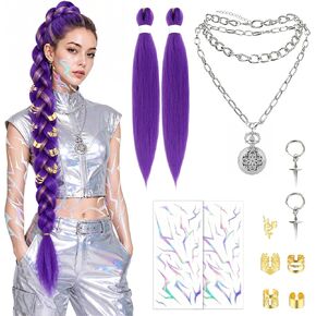 9 PCS Demon Inspired Kpop Singer Costume Accessories Set for Women, Long Purple Braided Wig, Cross Earrings, Chain Necklace, Gold Hair Jewelry, Mark Tattoos for Halloween Cosplay Party in Saudi Arabia
