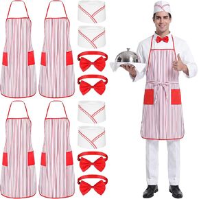 12 Pcs Red Adult Apron Chef 1950s Waiter Costume Set Kit Carnival Costume Soda Jerk Hat Bow Tie Unisex Retro Diner Party in Kuwait
