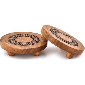 NIRMAN Pedestals Acacia Wood Round Set of 2 with Black Leaf Design Plant Stand, Farmhouse Countertop Organizer, Multi-Purpose Display (6" x 6" x 1.5") in Saudi Arabia