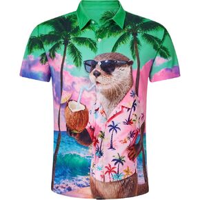 RAISEVERN Mens Hawaiian Shirt Button Down Funny Animal Short Sleeve Summer Beach Dress Shirt in Kuwait