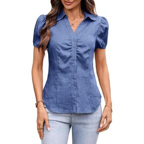 Women's 100% Linen Shirt Button Down Collared Puff Sleeve Ruched Blouses 2026 Summer Trendy Vintage Tops in Saudi Arabia