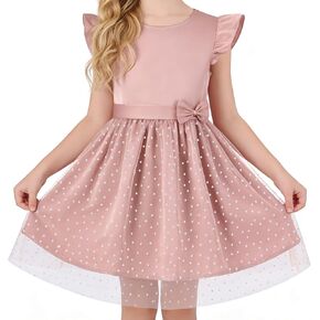 DIPUG Girls Tulle Dress, Casual Birthday Party Flower Girl Summer Dresses Polka Dot Bow & Flutter Sleeves, 5-12Y in Saudi Arabia
