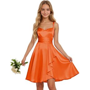 Junior Bridesmaid Dress Short Satin Flower Girl Dresses for Wedding Spaghetti Strap Teens Homecoming Dresses in Kuwait