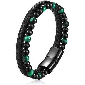MYNENEY Stainless steel tiger eye stone cuff leather bracelet with bead, hand woven double-layer men's bracelet in Saudi Arabia