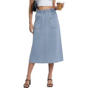 NILOUFO Jean Skirt for Women Denim Midi Skirt Pull On High Waisted Elastic Skirt Back Slit with Pockets in Saudi Arabia