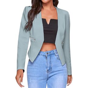 Women's Long Sleeve Cropped Coat Work Office Fall Outerwear Casual Solid Color Blazer with Zipper Pockets in Saudi Arabia