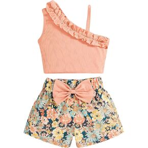 VARMILO Toddler Girls Short Sets,Single Shoulder Ruffle Tank Top and Floral Bow Shorts Set for Summer Casual Wear (Ages 2-8) in Saudi Arabia