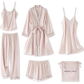 SAPJON Silk Pajamas for Women Set 6Pcs Satin Pjs V Neck Sexy Lingerie Sleepwear Cami Shorts Robe Nightwear Pj Set in Saudi Arabia