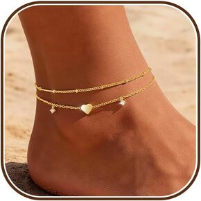 Sterling Silver/Gold Ankle Bracelets for Women Waterproof Non Tarnish Beaded Heart Charm Layered Stacking Large Plus Size Anklets Adjustable Dainty Summer Beach Vacation Jewelry Gift in Saudi Arabia