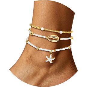 Boho Beach Anklets for Women Beaded Starfish Ankle Bracelets Stretch Layered Elastic Summer Shell Anklets Pearl Beach Jewelry for Vacation Outfit Accessories in Saudi Arabia