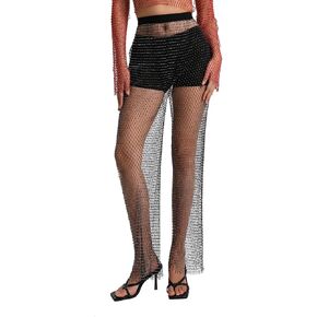 LINYUCHEN Women Mesh Fishnet Pants Black Rhinestone Leggings Sparkly Crystal Cover Up Hollow Out Sexy Bikini Bottoms in Saudi Arabia