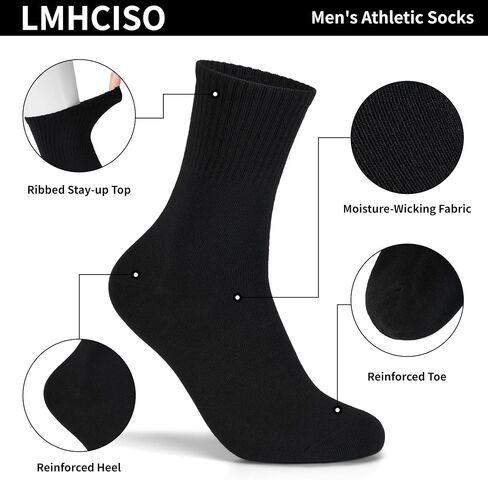 Mens Crew Athletic Socks for Men Lightweight 8 Pack Black Size 8-13 | Quick-Dry,Comfy,Ribbed Cuff,Sports,Casual,Active,Sports,Casual,Gym in Saudi Arabia