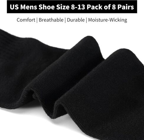 Mens Crew Athletic Socks for Men Lightweight 8 Pack Black Size 8-13 | Quick-Dry,Comfy,Ribbed Cuff,Sports,Casual,Active,Sports,Casual,Gym in Saudi Arabia