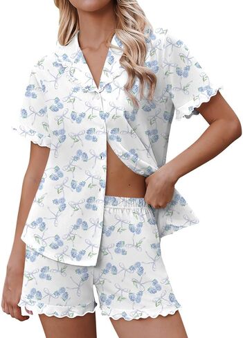 Ekouaer Pajamas for Women Sets Cute Pjs Button Down 2 Piece Short Sleeve Ruffle Lounge Set Sleepwear in Kuwait