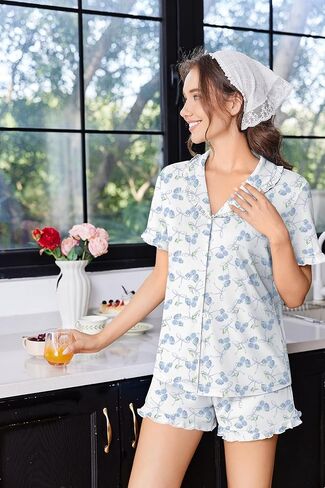 Ekouaer Pajamas for Women Sets Cute Pjs Button Down 2 Piece Short Sleeve Ruffle Lounge Set Sleepwear in Kuwait