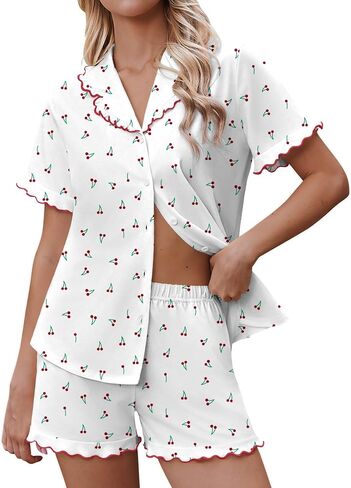 Ekouaer Pajamas for Women Sets Cute Pjs Button Down 2 Piece Short Sleeve Ruffle Lounge Set Sleepwear in Kuwait