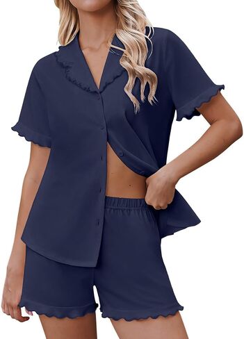 Ekouaer Pajamas for Women Sets Cute Pjs Button Down 2 Piece Short Sleeve Ruffle Lounge Set Sleepwear in Kuwait
